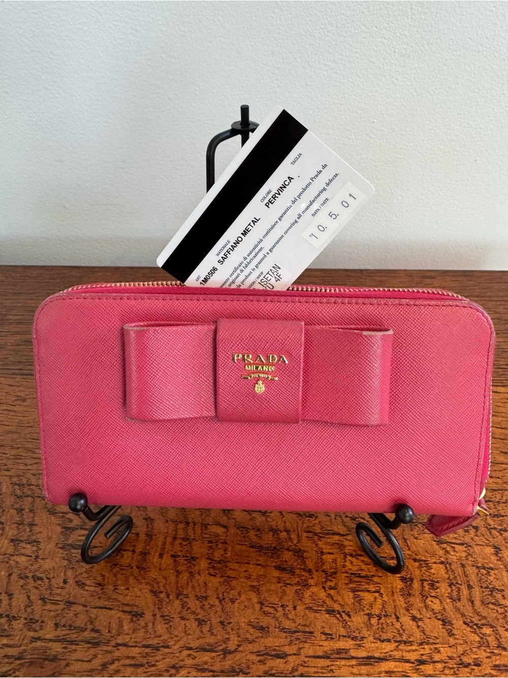 Prada Pink Saffiano Leather Fiocco Bow Zip Around Wallet